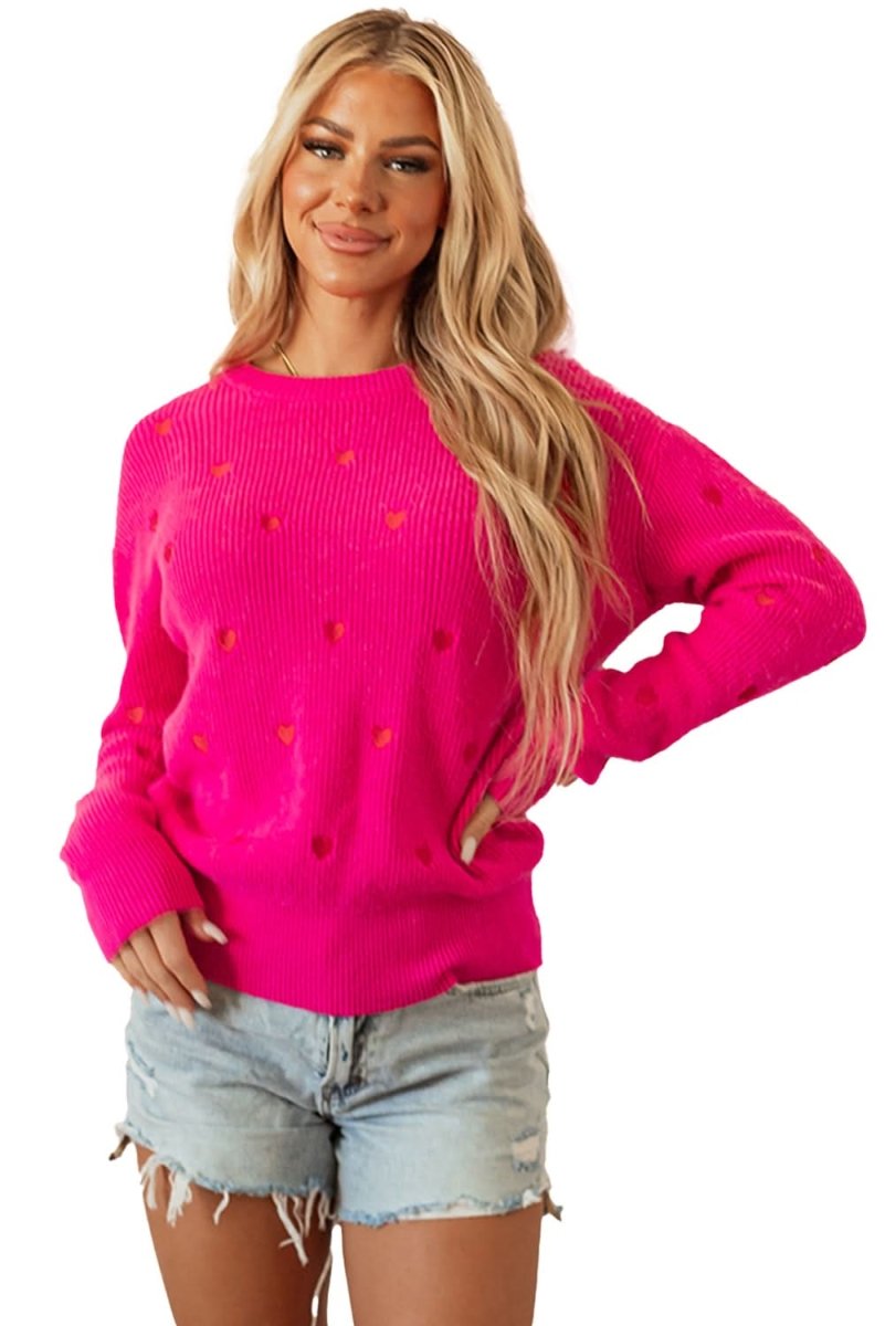 Rose Red Heart Shape Drop Shoulder Round Neck Sweater - Love Salve